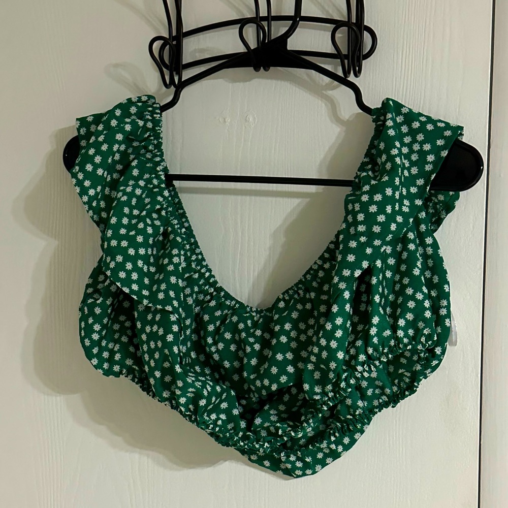 SHEIN green crop top with white flowers.